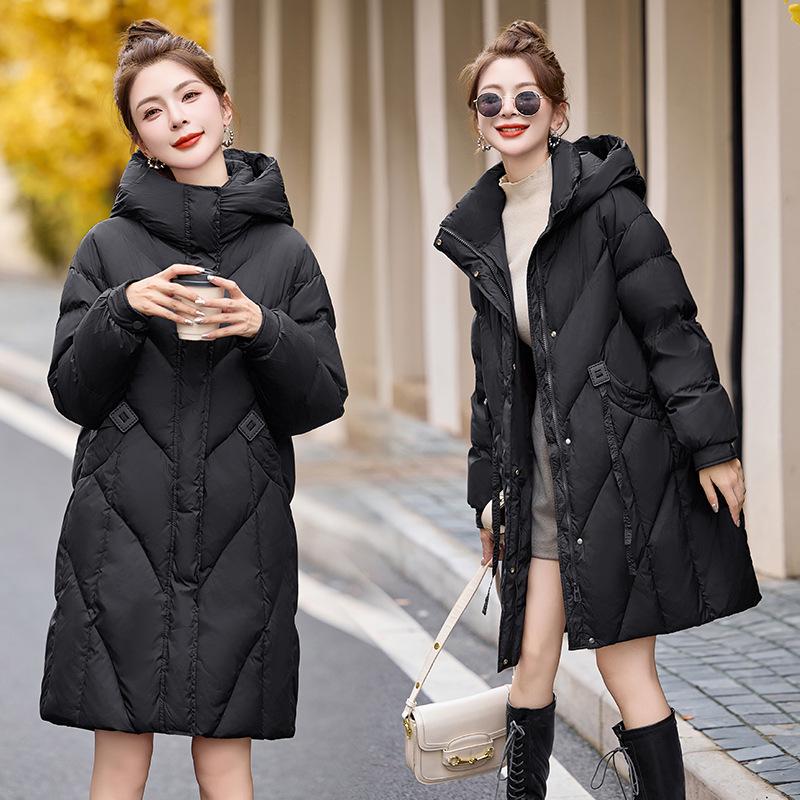 

Женская зимняя пуховая куртка средней длины с капюшоном - Толстая, теплая и модная. Large: 65-72.5 kg