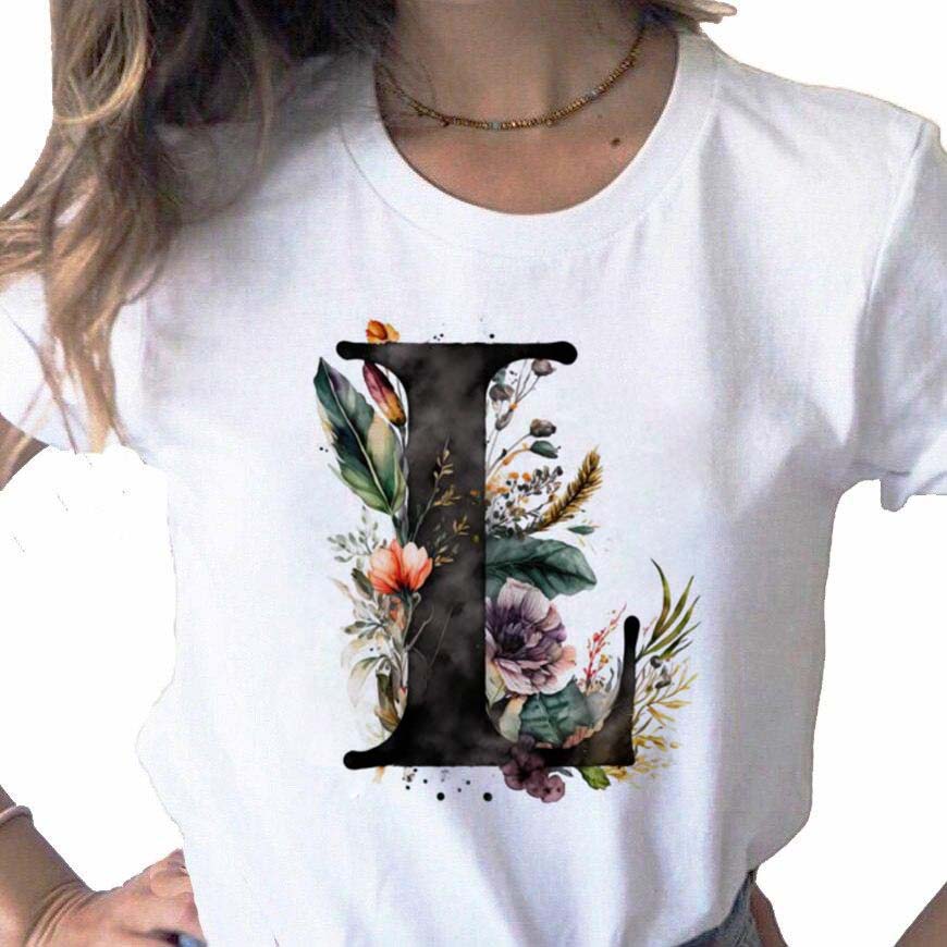 New Women T Shirt Custom Name Letter Combination Print Tshirt Flower Letter Font A B C D E F G Short Sleeve Female Tees Tops