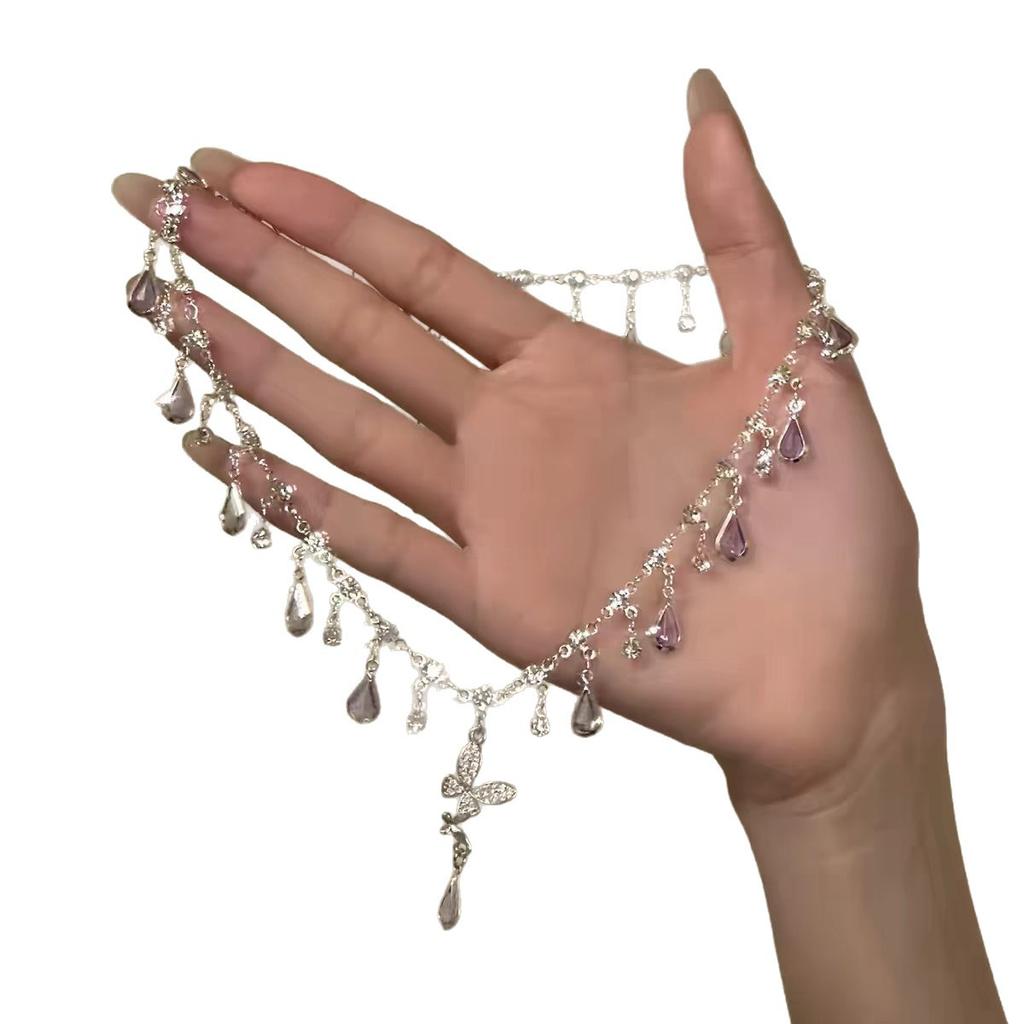 [Purple Butterfly Weeping Dew] Thousand Gold Sense Purple Flash Diamond Water Drop Butterfly Tassel Necklace Light Luxury Exquisite Versatile