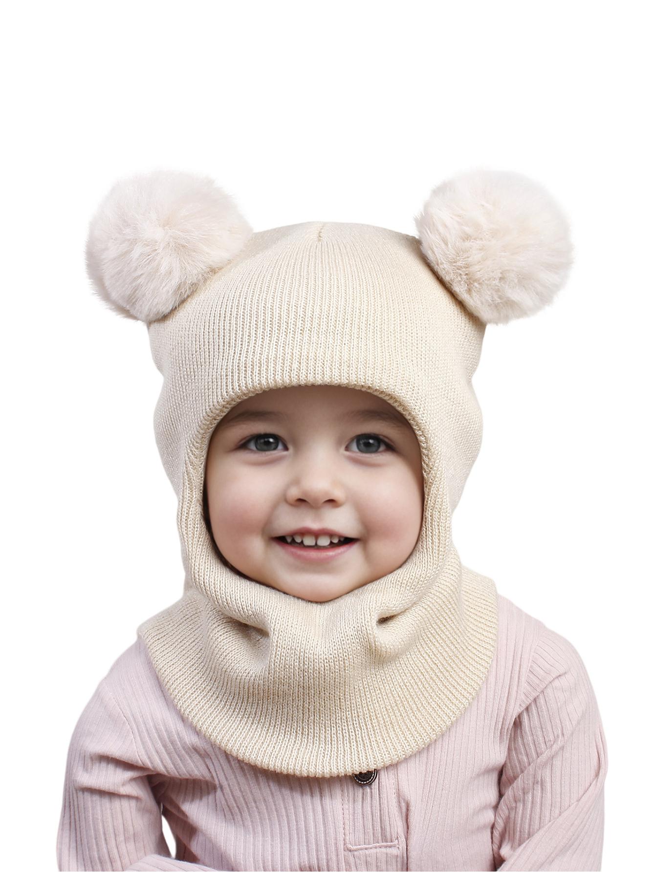 

3-12Y autumn and winter double-ball pullover cap, children s double-ball ear-protecting one-piece cap, solid-color cute woolen o One Size бежевий