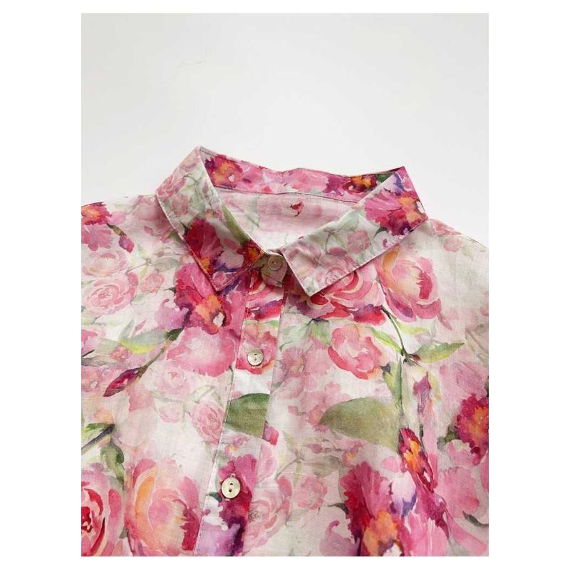 Watercolor Printed Shirt Versatile Thin Linen Floral Blouse French Versatile Women's Top