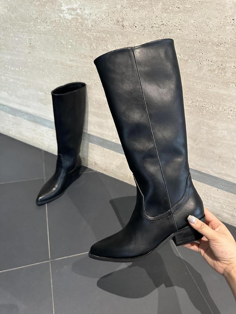2025 new pointed cowboy boots, thick-heeled knight boots, straight to the knee, fashionable and simple black boots