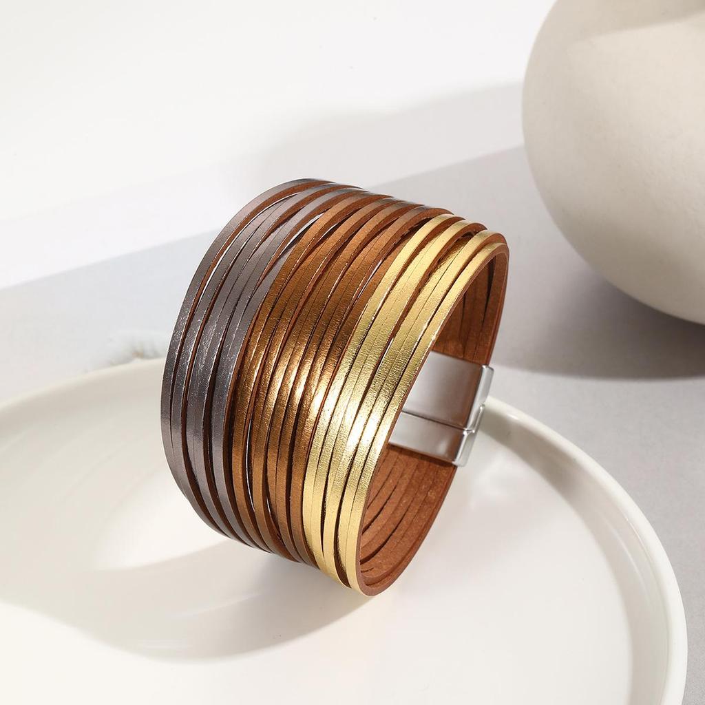 Gradient Multi-Strand Men's and Women's Bracelet with PU Leather Cord and Magnetic Clasp.