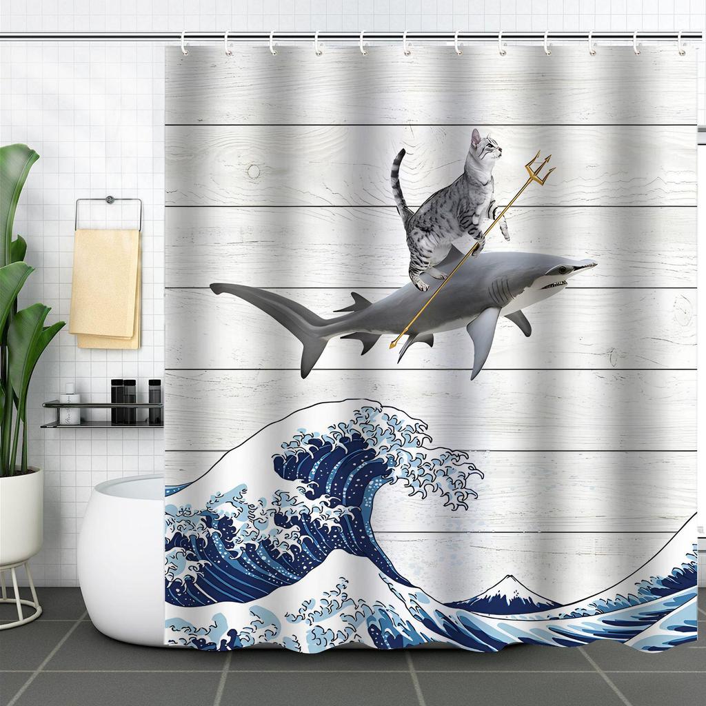 Waterproof Curtain With Mildewproof Shower Sea Wave Dinosaur Whale And Cat Print