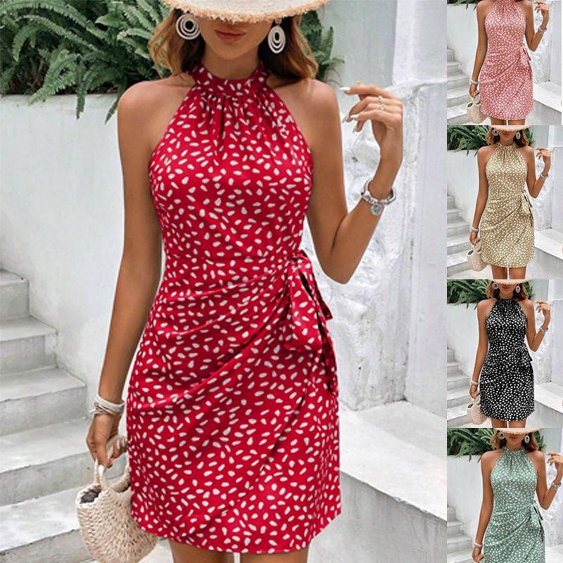 

2025 Neck Zipper Sleeveless Floral Pleated Short Dress Light green M