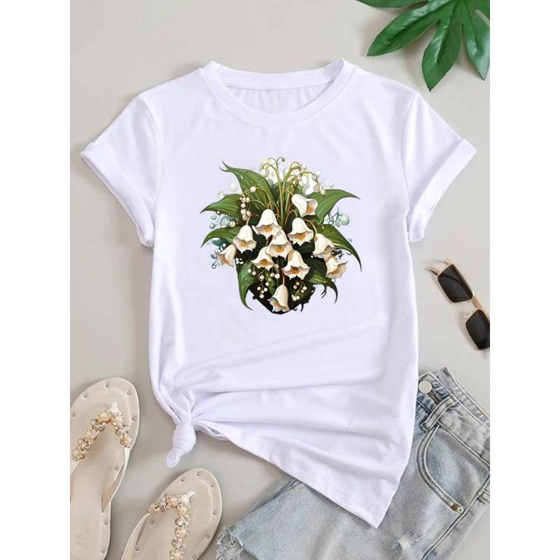 (European Size) Lovely Cute Women Letter Flower Tee Top Clothing Casual Short Sleeve T Shirt Fashion Print Lady Female Graphic T-shirts
