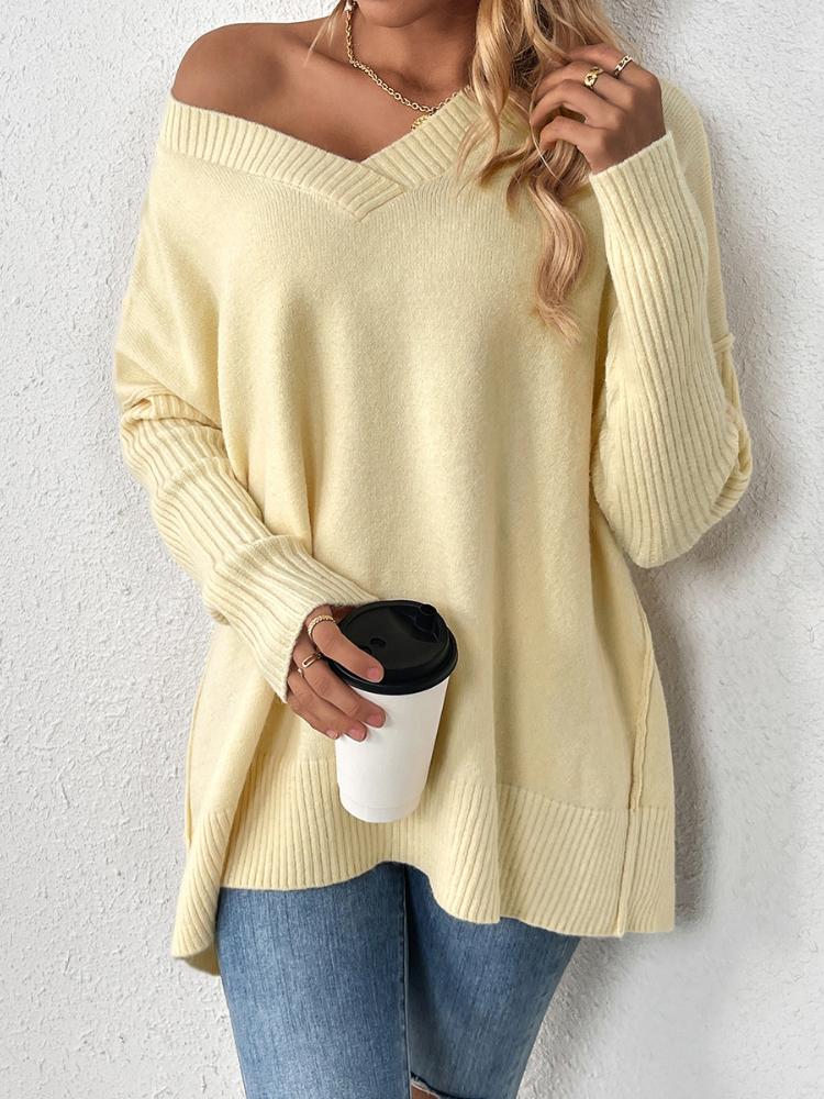 

Autumn and winter pullover sweater with lazy style, V-neck casual patchwork long sleeved knitted sweater for women S бежевий