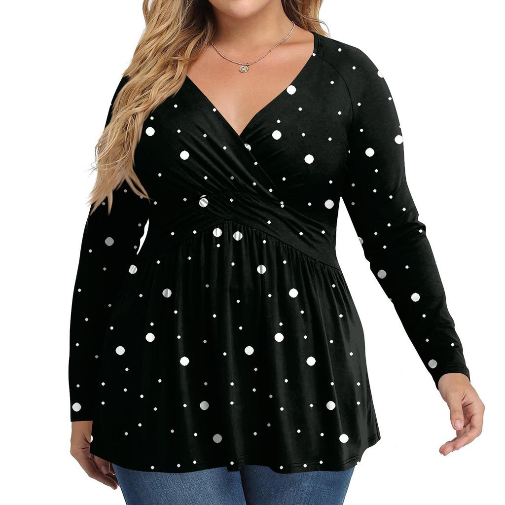 Women's Plus Size Shirt Long Sleeve  Print Top Pleated Casual V-Neck Top