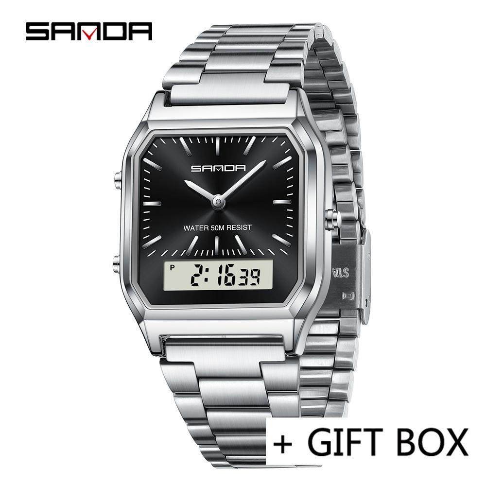 SANDA Men Watch Military Sport Quartz Digital LED Wristwatch Top Brand Luxury Stopwatch Waterproof Male Electronic Clock 747