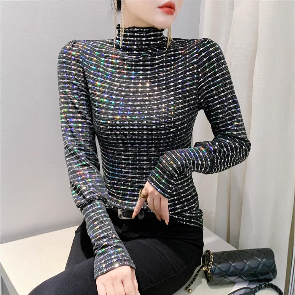 New Winter Heavy Industry Sequins Versatile Long-sleeved Base Shirt Top for Women Slim Pullover T-shirt