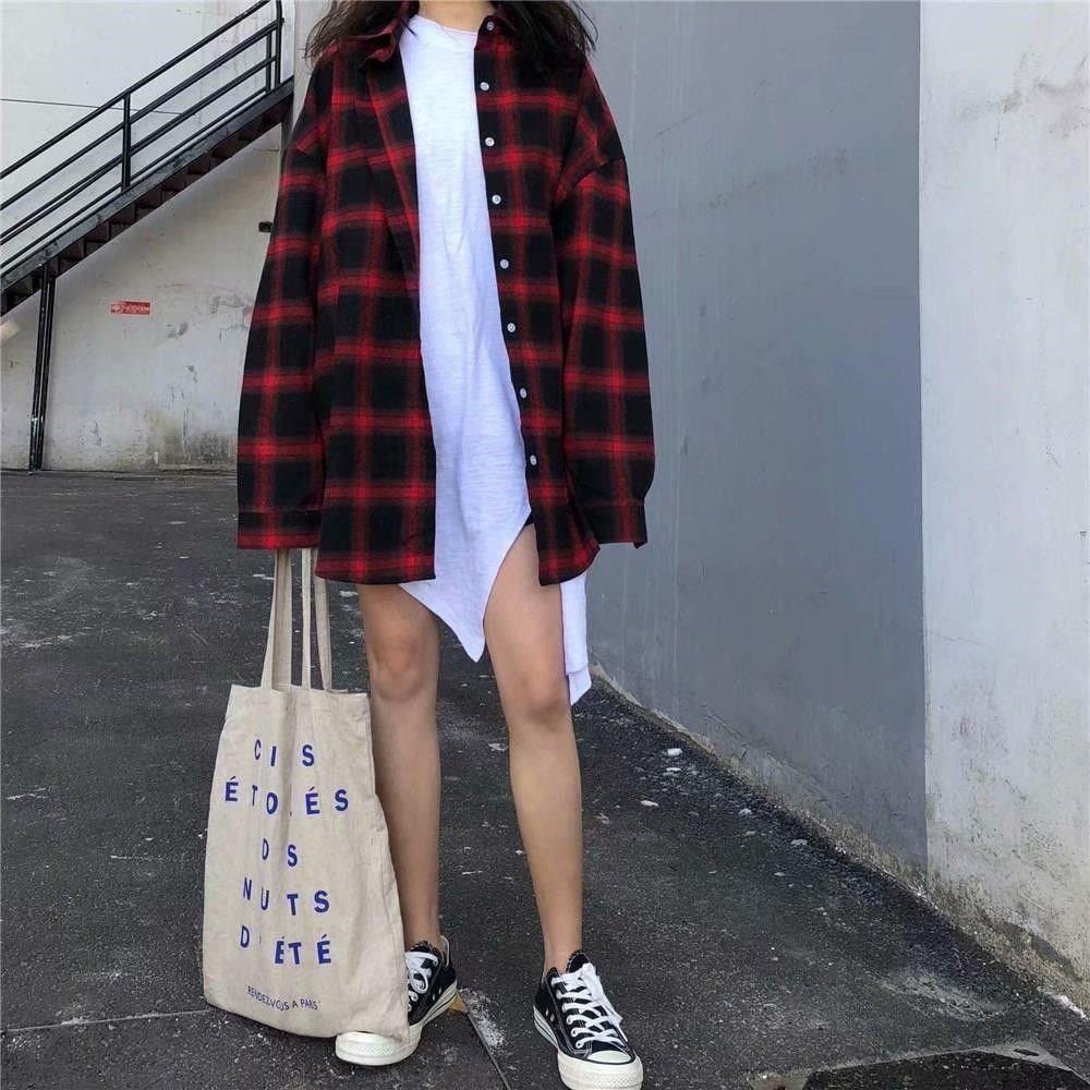 2026 Spring/Autumn Women's Korean Plaid Shirt - Loose, Retro Hong Kong Style, Trendy Long Sleeve Top