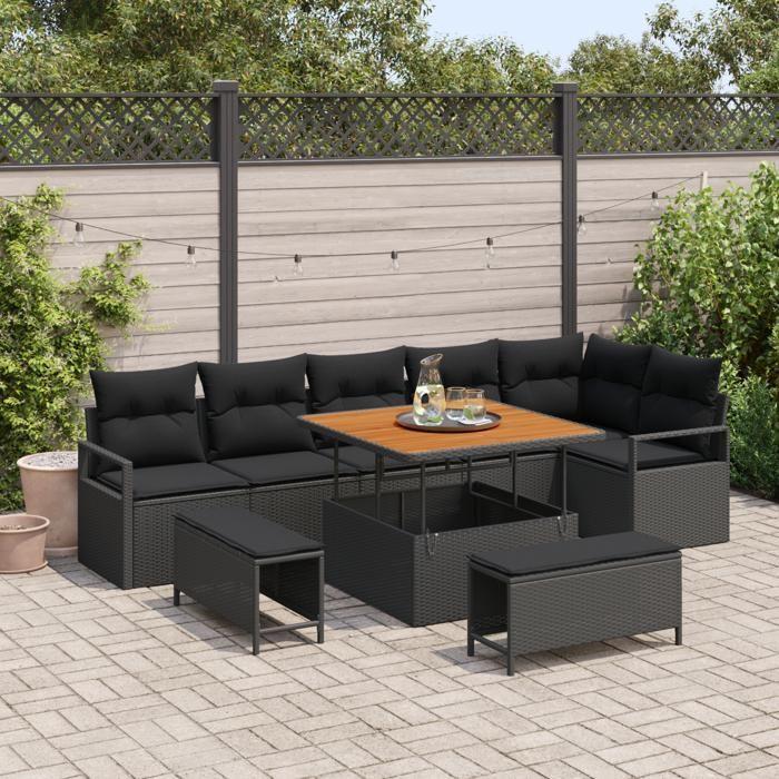 VidaXL Ensemble de 9 pièces de sofa de jardin avec coussins noir poly rotin acacia 3362534