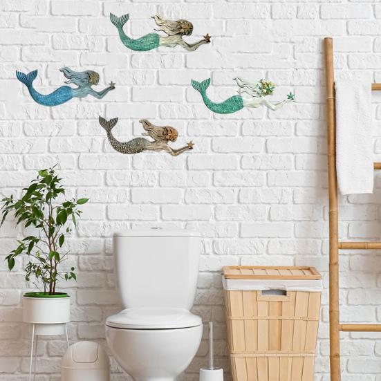 4 Pcs Wooden Mermaid Beach Wall Decor Rustic Nautical Swimming Mermaid