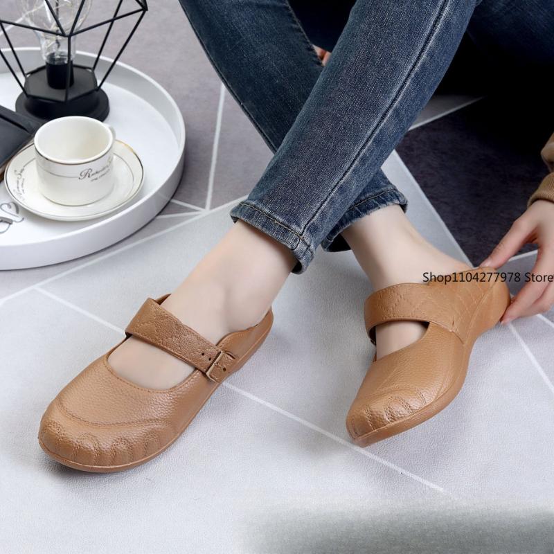 Fashion Women Mules 2025 Summer Elegant Square Closed Toe Flat Slippers Female Shoes Casual Leather Black White Slides Big Size