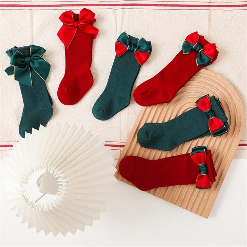 2 Paar Klassische Kniehohe Socken Weihnachten Thema Socken mit Schleifchen Dekoration für Baby Mädchen 2024 Neujahrsgeschenk