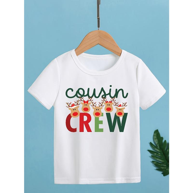 European sizes Kids Christmas Cousin Crew T-Shirt And Short Sleeve Tee with Elk And Reindeer Print 110 белый