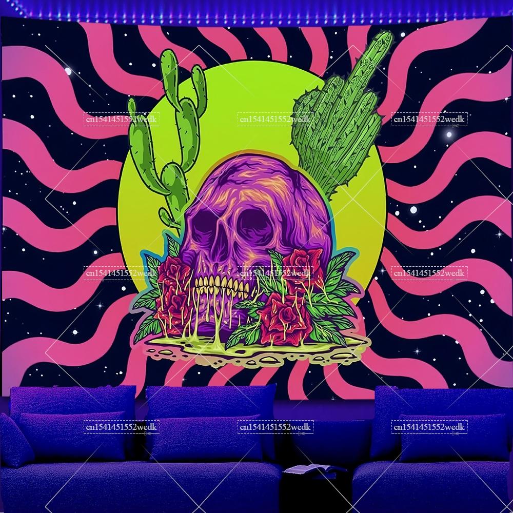 Hippie Lebka Oči Černobílá Tapiserie UV Reaktivní Hory Kaktusy Rostliny Svítící Ve Tmě Tapiserie Estetické Neonové Tapiserie