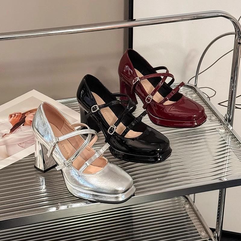 Mary Jane shoes summer new British thick heels high heels square head small leather shoes women's French temperament single shoes with skirt