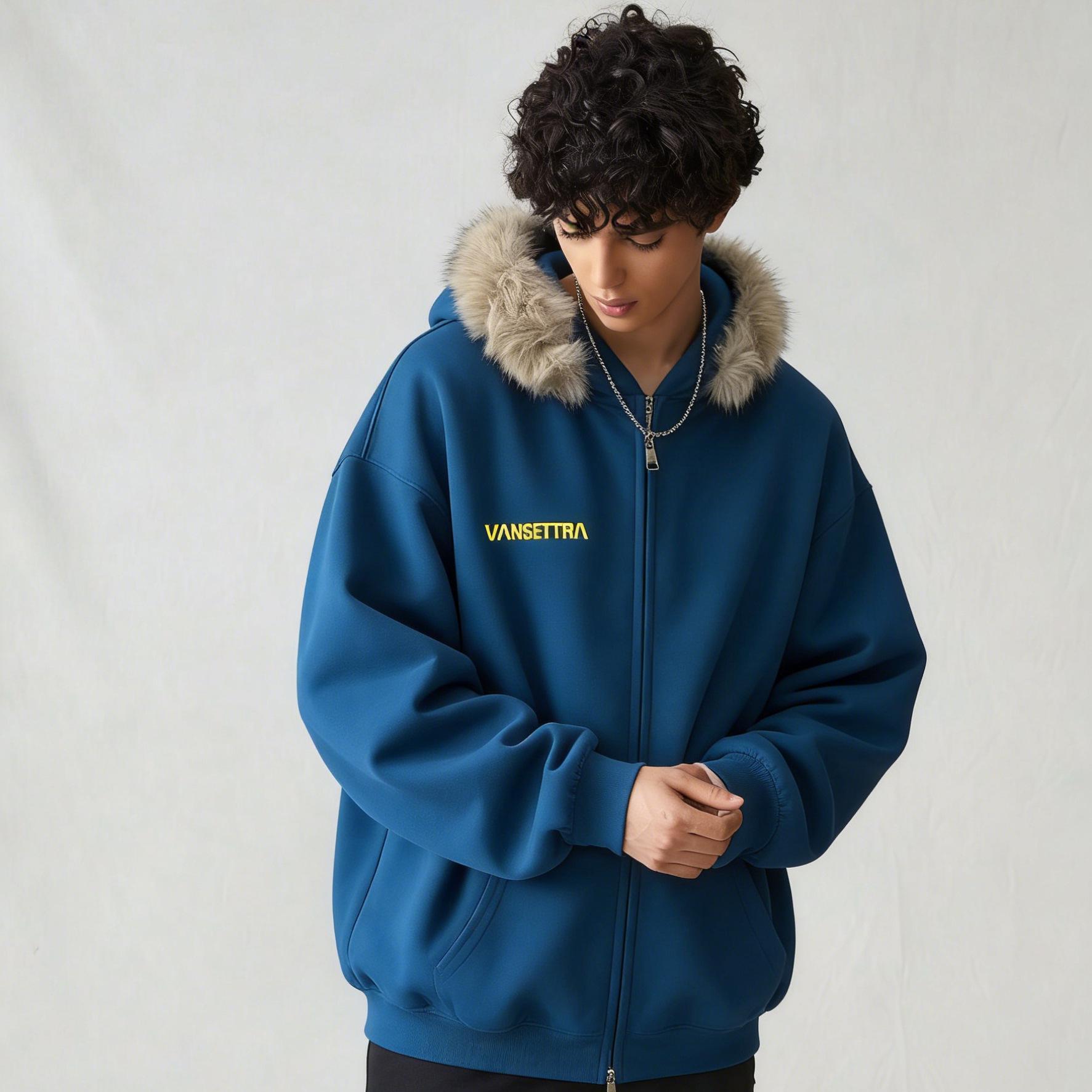 Men s Oversized Blue Fur Collar Hooded Sweatshirt Jacket for Autumn/Winter Extra Large