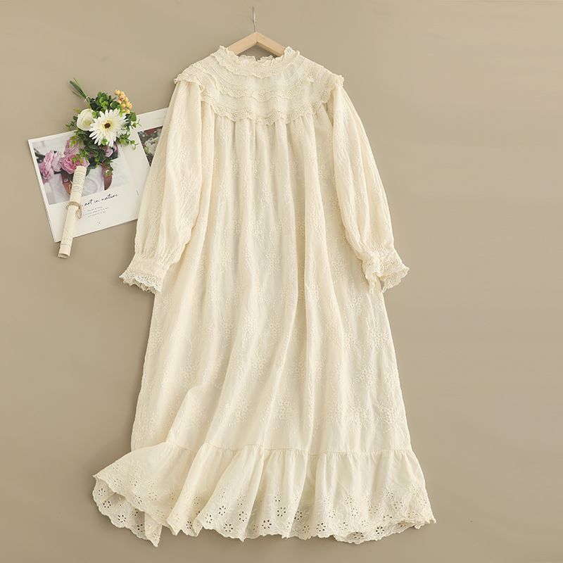 

Mori Girl Lace Collar Embroider Long Sleeves Dress Female Fresh Pure Color Cute Youth-Looking Stylish Mid-Length Skirt Beige One size