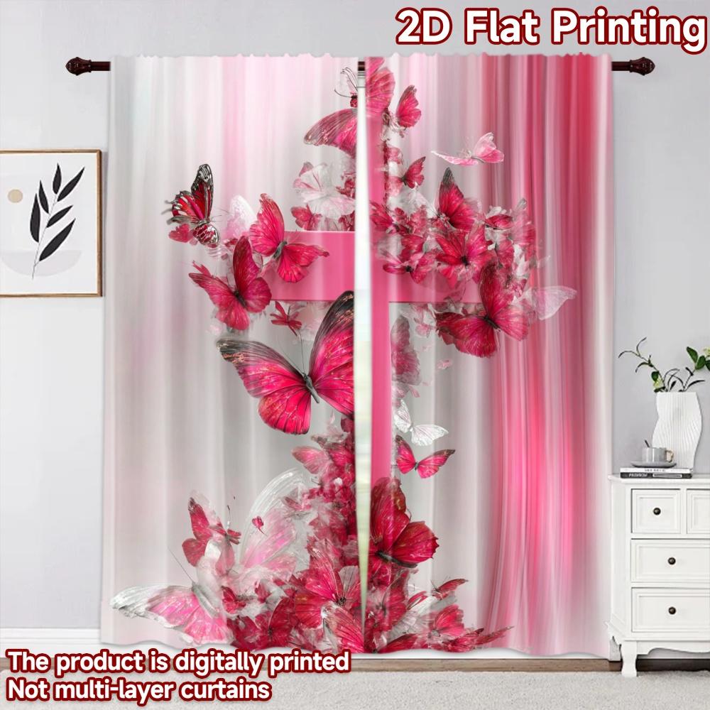 2D Flat Printing 2pcs Curtain Party Curtain Easter Pink Cross Butterflies Digital Printed Polyester Drapes Party Decorations for