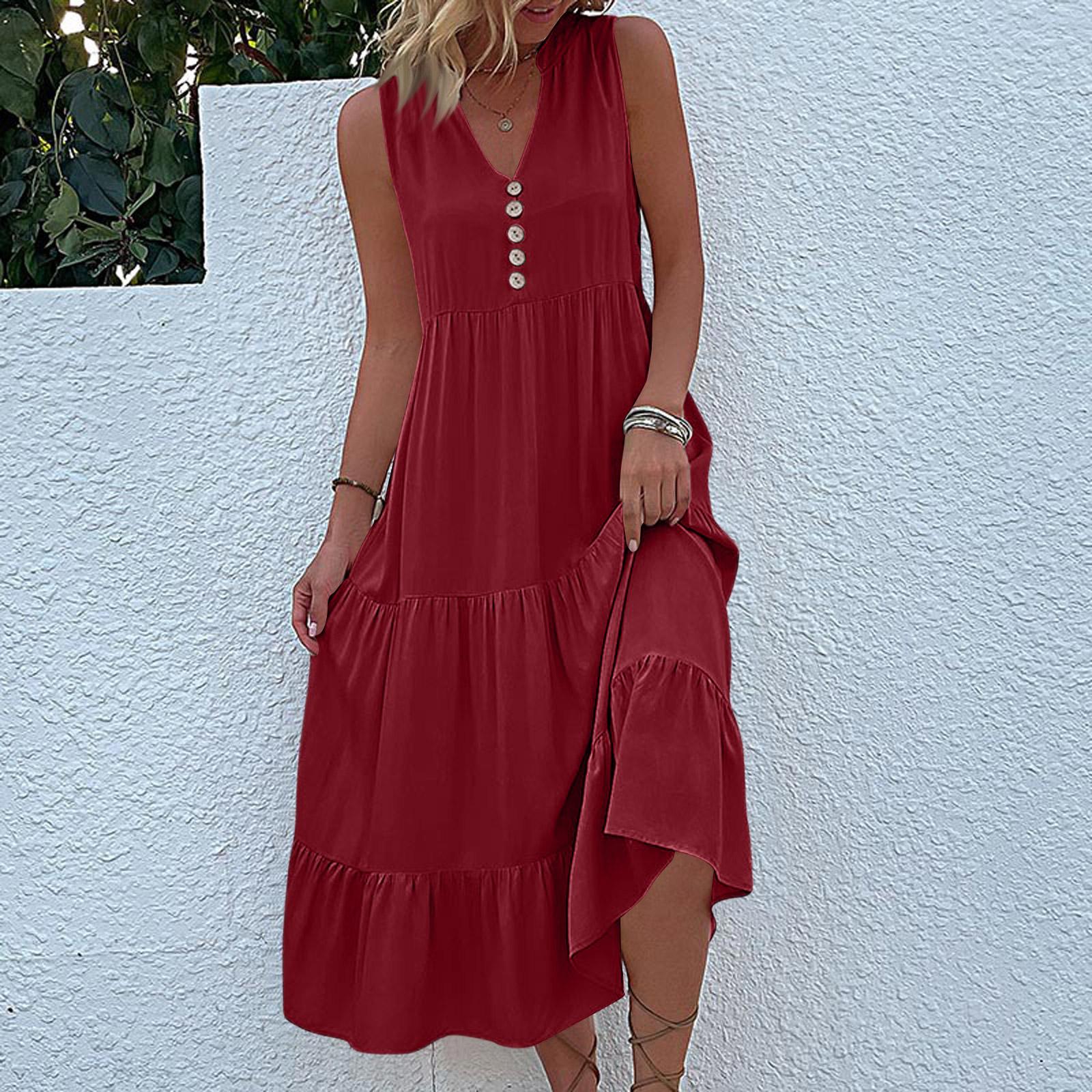 

Sleeveless Women s Dress Casual Flowy A-Line Midi Tshirt Dresses With Pockets Crewneck Vocation Boho Beach Sundress XL винний