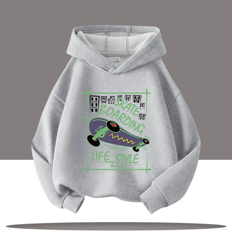 Boys' Sportswear, American Fashion Skateboard Cartoon Print, Children's Hoodie, Girls' Casual Top, Autumn and Winter Clothing