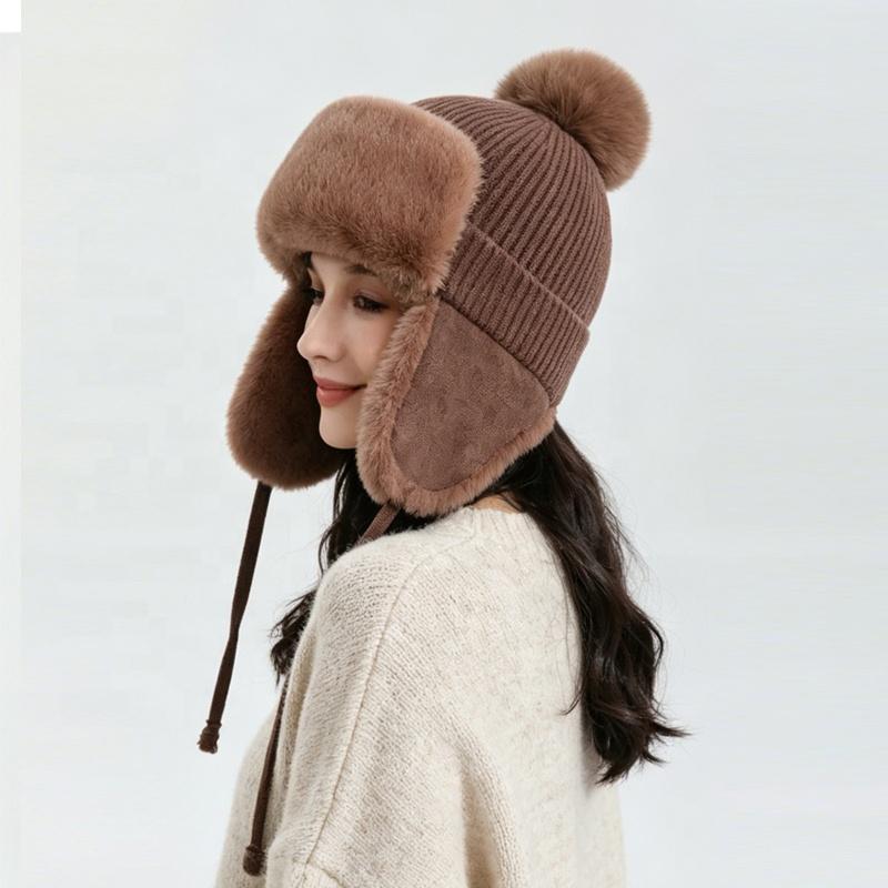 Zeyu Unisex Winter Faux Fur Trapper Hat Warm Fluffy Breathable Knitted Earflap Pom Pom Windproof Cold Weather Sports Travel ODM