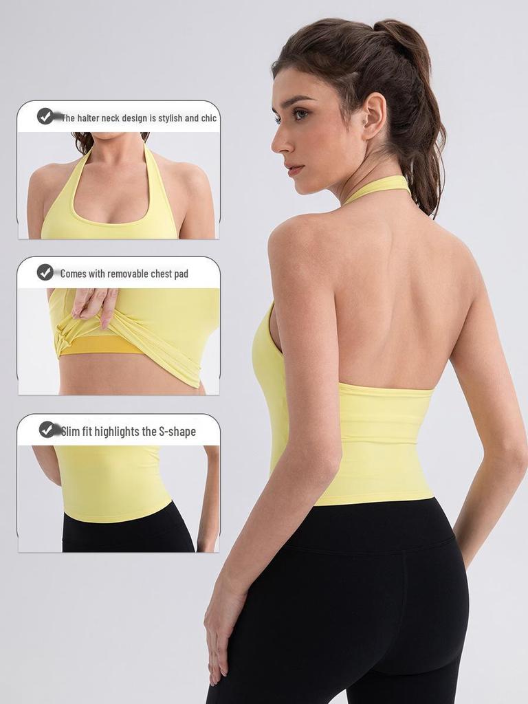 Damski Top Sportowy do Jogi z Dekoltem na Szyi i Wkładkami - Nude, Seksowny Tył Styl 52167