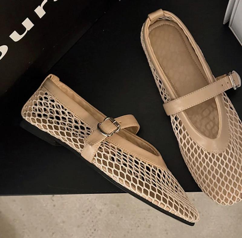 Mode Sexy Damen Sandalen Mode Mesh Ballett Mary Jane Schuhe Damen Sommer Walking Runde Zehe Schnalle Flache Sandalen Damen Zapatos De Mujer