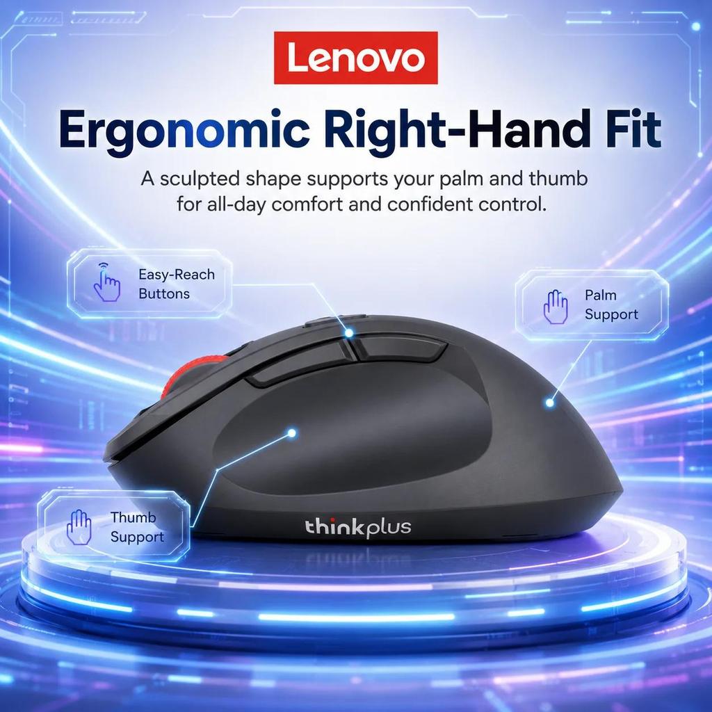 Lenovo Thinkplus M30 2.4G Wireless Mouse, 6 Buttons 4 Adjustable DPI Up to 1600, Ergonomic Plug & Play Office Mice for Windows Mac Laptop PC