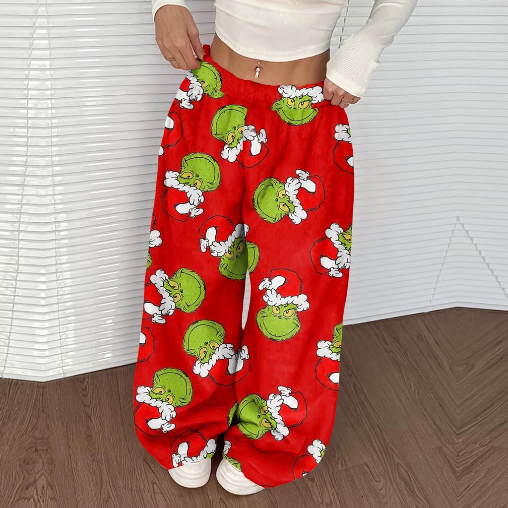 Women's Casual Christmas Print Elastic Waist Loose Fit With Plush Wide Leg Pants