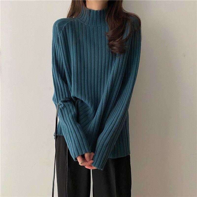 Half Turtleneck Knitted Sweater Loose Solid-color Sweater for Women Casual and Versatile Pullover for Autumn and Winter Outerwear