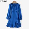 VONDA Women Autumn V-Neck Lantern Long Sleeve Dresses