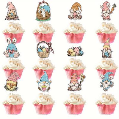 24 Easter Party Cake Flags, Cute Gnome Flower Basket Dessert Desk Plugins, DIY Disposable Cupcake Plug Decorations