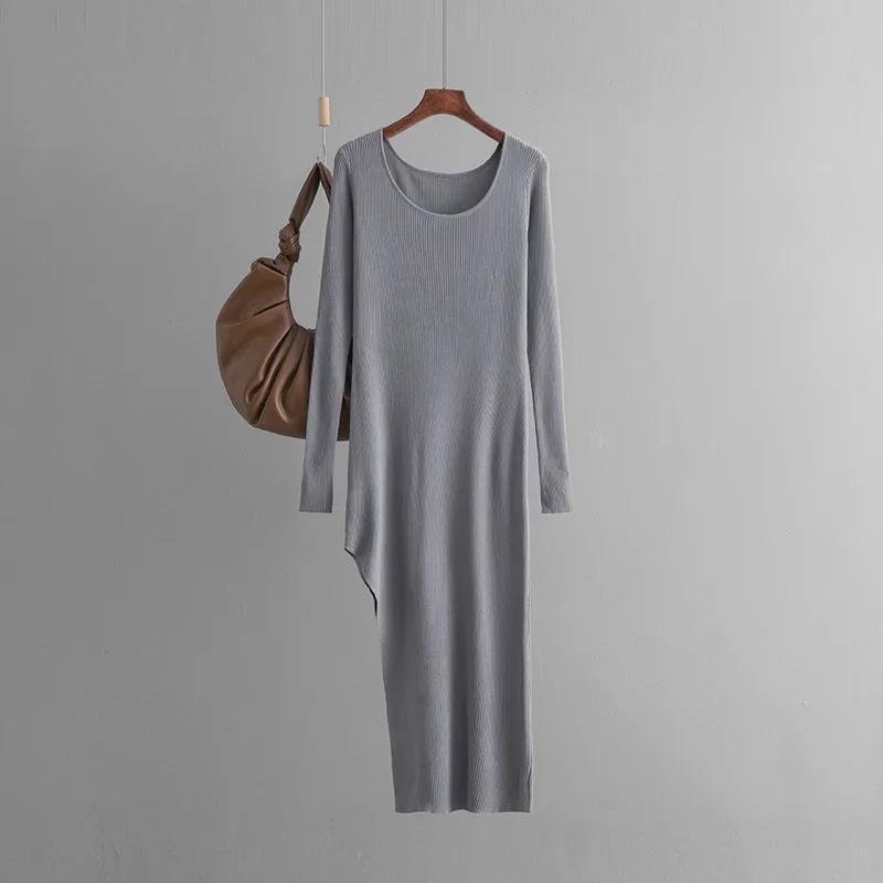 Elegant Split Knitted Dress Autumn New Solid Color Slim-fit Vented Long Dress Women Tight Base Hip Irregular Dress 2026 Vestidos
