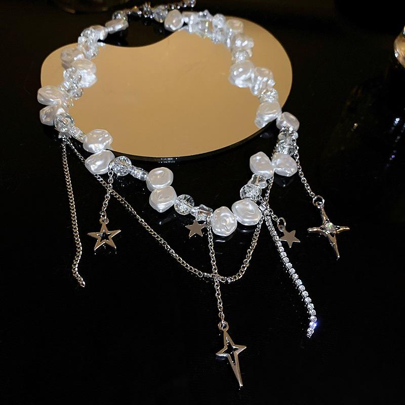Cold metal wind, pentagram, diamond-encrusted pearl necklace, personalized stacking, high-grade collarbone chain necklace