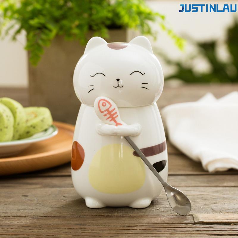 Cat-themed ceramic mug with lid and spoon coffee mug milk mug, student water bottle cute cup cups cups and mugs ceramic mug 400ml