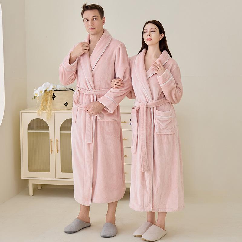 In Stock Flannel Couple's Bathrobe - Unisex Hotel B&B Long Bathrobe