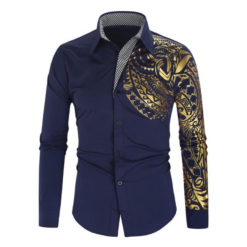 Men's Slim Fit Lapel Shirt with Hot Stamping Print, European Size, Long-Sleeve, 2026 Fashion Trend.