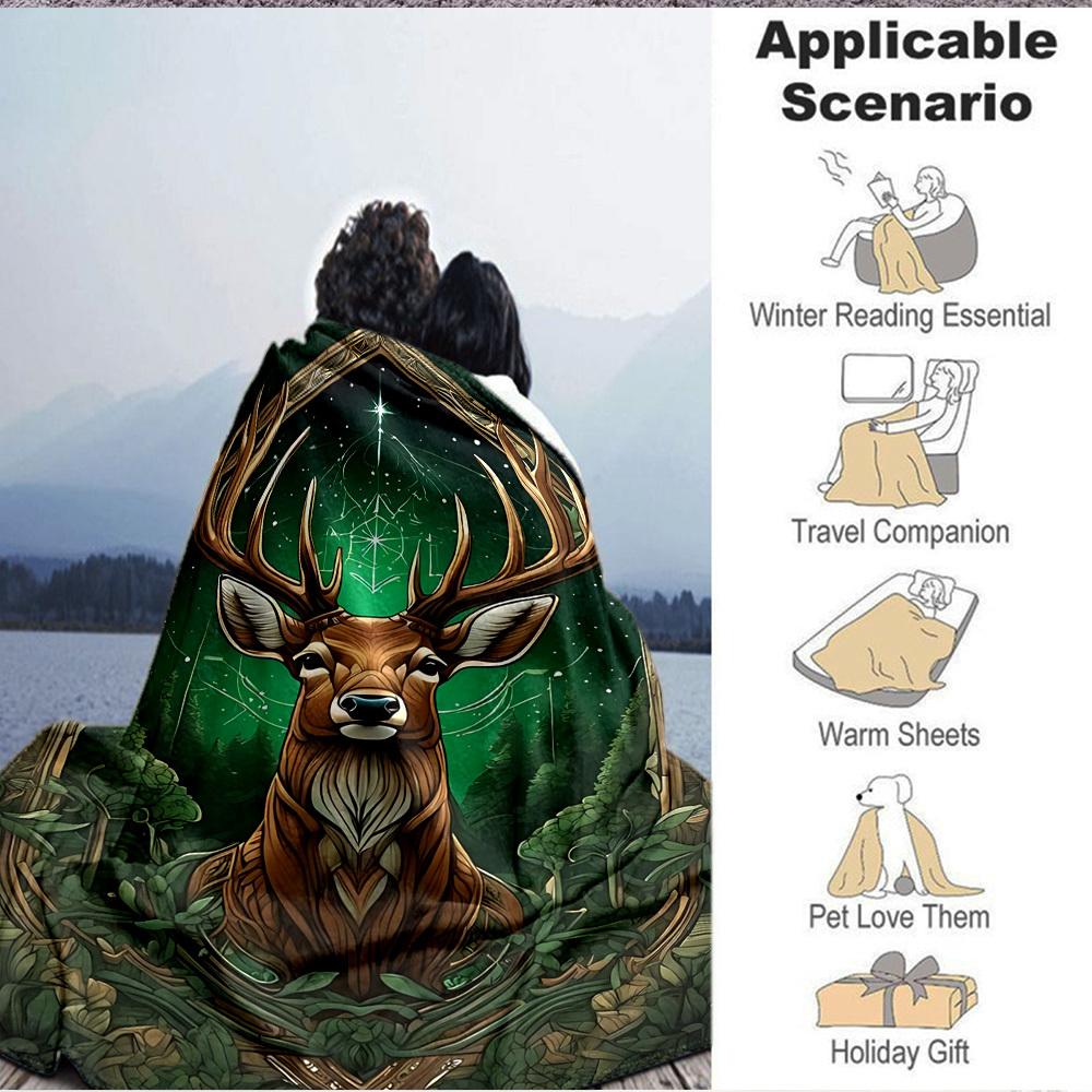 1pc Mystical Deer Print Flannel Blanket [Cozy Throw Blanket] For Sofa, Bed, Travel, Camping, Livingroom, Office, Couch, Chair, And Bed