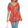 Summer Women's T-shirt V-neck Printed T-shirt Bubble Short Sleeve Drawstring Tops