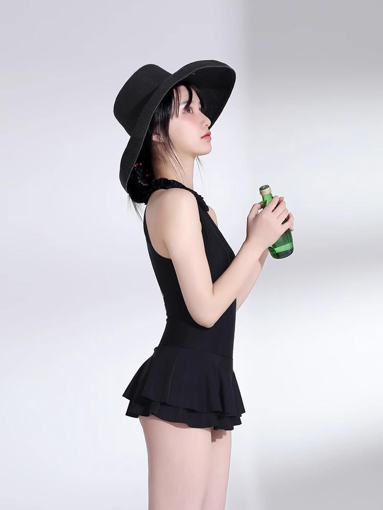 Women's Korean Style One-Piece Swimsuit - Black, Skirted, Backless, Slim Fit, Belly Covering