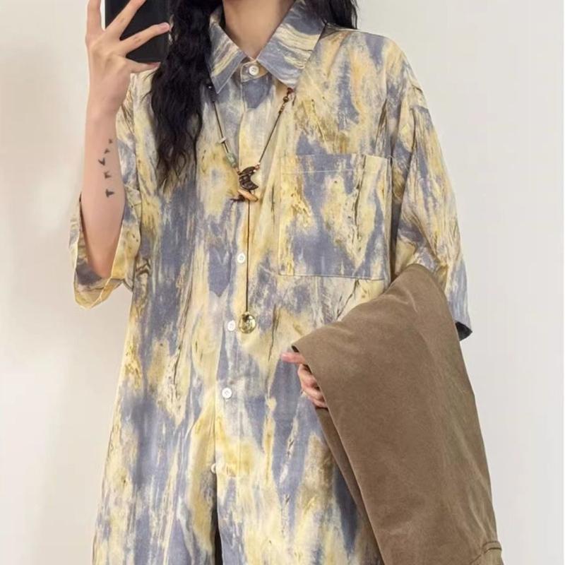 Japanese Printed Female's Short Sleeved Shirts Summer Single Pocket Cardigan Blouses Loose Turn-down Collar New Clothing