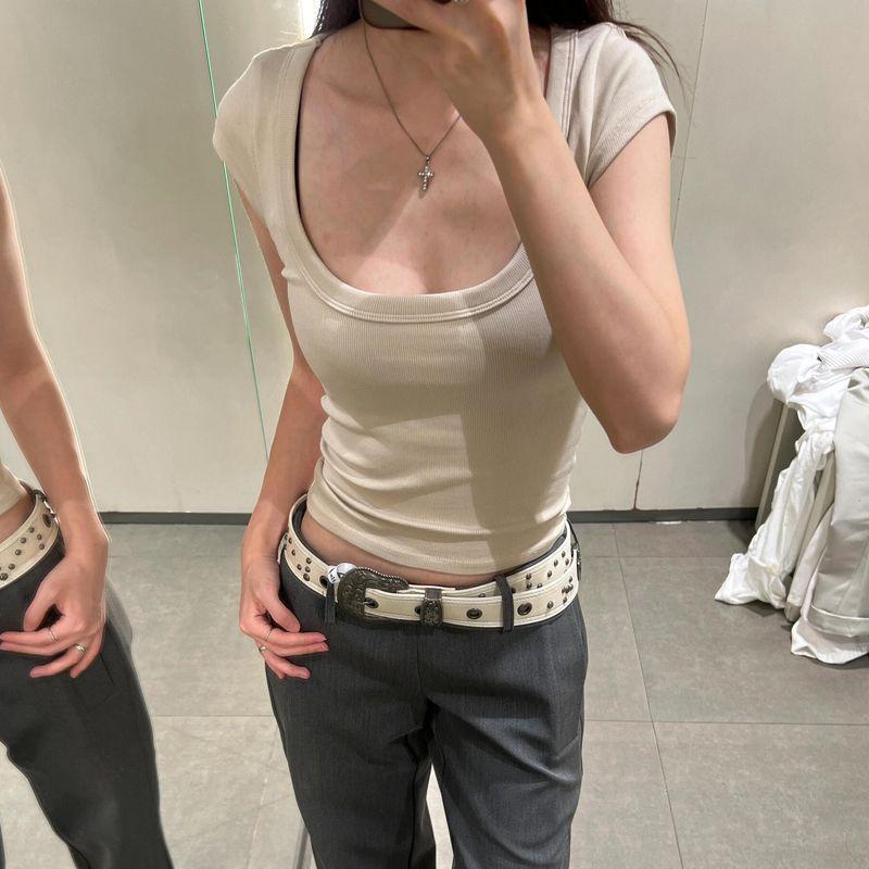 

Beige Scoop Short U-Neck Shoulder Slim fit Slimming Short sleeve Short Jacket Gyaru Summer Women T-shirt 4174354 Beige S(In stock)