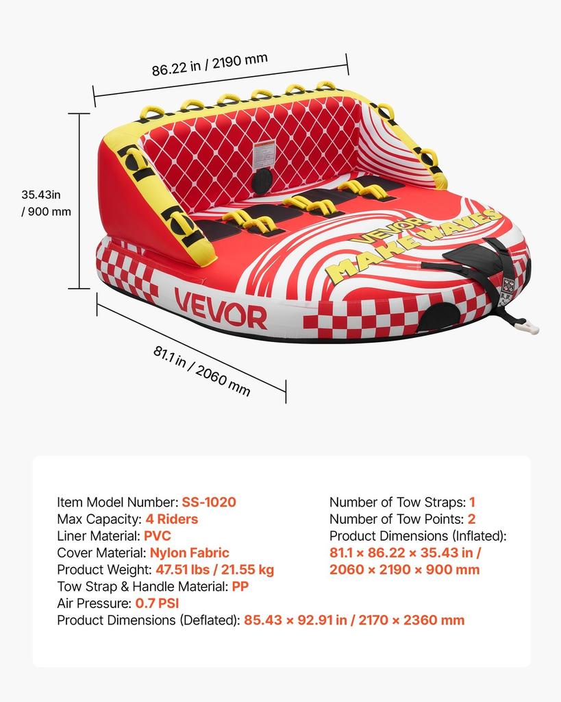 Towable Tubes for Boating, 4-Rider Inflatable Towable Tube for Boat to Pull, 308 kg Capacity Water Sports Boating Tubes - with Full Nylon Cover, Dual