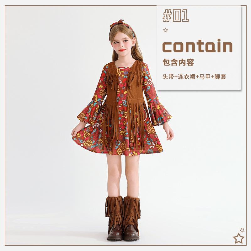 Halloween Kids Costume Little Girl Funny Vintage Hippie Carnival Stage Costume Dress