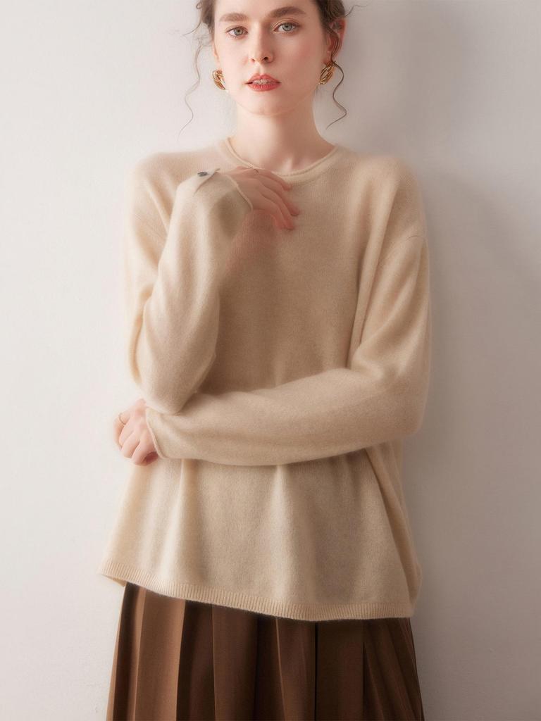 Casual Women's 100% Pure Cashmere Sweater - Loose Fit, Round Neck, Ribbed Cuffs, Buttoned Hem, Rolled Edges