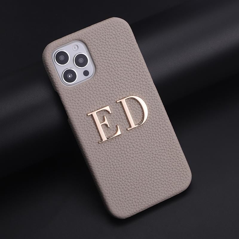 Custom Name Letter Gold Metal Genuine Leather Phone Cas for16 11 12 13 14 15Pro Max 16 15Plus XS XR Personalization Cover Luxury