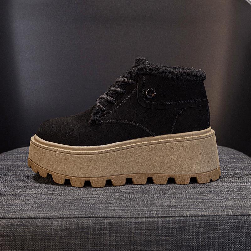 Women s 2024 Retro Fleece-Lined Lace-Up Furry Platform Shoes - 8cm Sole, Warm & Versatile Winter Footwear 34 чёрный
